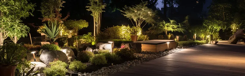 Inszenierte Gartenbeleuchtung in einer Außenanlage
